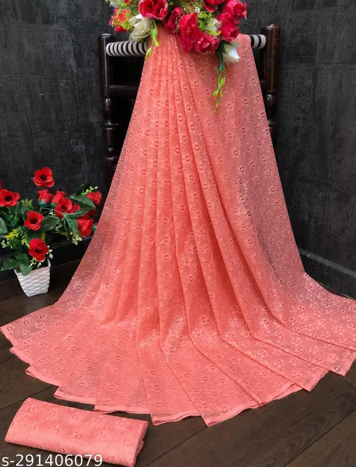 Pure silk woven net saree in self-design pattern, ideal for daily wear and parties. Hand wash or dry clean only