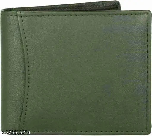 Green genuine leather men's wallet with 12 card slots, solid pattern and two compartments. Free size (L11cm x W10cm). Made in India