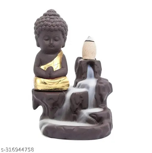 Polynesian gold poly resin incense burner idol with scented cones, ornate Buddha statue for meditation space