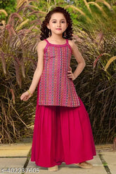 Pink multi-color thread, zari, mirror and sequins sharara suit set for girls in crepe anarkali palazzos with embroidered pattern, India-made