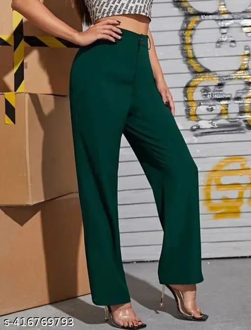 Green cotton blend bell bottom trousers for women, high-rise with elastic waistband and front seam detail, suitable for casual and office wear