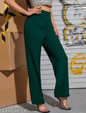 Green cotton blend bell bottom trousers for women, high-rise with elastic waistband and front seam detail, suitable for casual and office wear