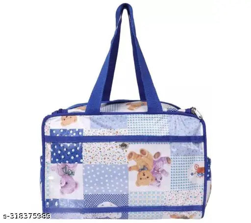 Blue polyester diaper bag with multiple compartments, ideal for newborn baby care and maternity handbag