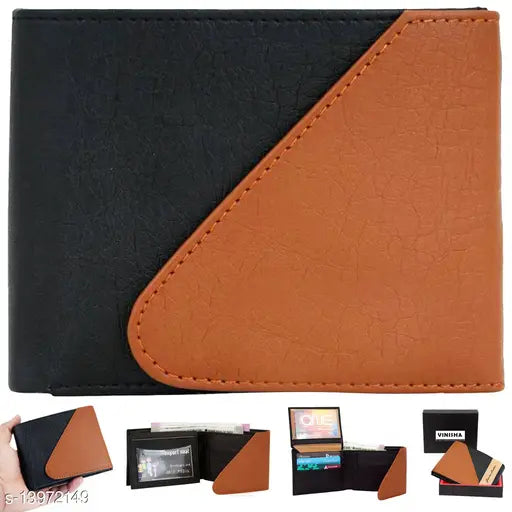 Black and tan faux leather men's wallet with snap lock, featuring two compartments for organizing essentials
