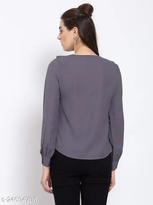 Grey polyester long-sleeved top, three-quarter sleeves, solid design, lace-up v-neck with flounce and balloon sleeve. India-made women's fashion top