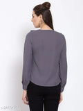 Grey polyester long-sleeved top, three-quarter sleeves, solid design, lace-up v-neck with flounce and balloon sleeve. India-made women's fashion top