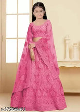 Embroidered net lehenga choli for girls, India. Three-quarter sleeve party wear for kids (sizes 4-16 years)