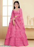 Embroidered net lehenga choli for girls, nylon dupatta. Indian party wear for kids (33-36m), embroidered design and three-quarter sleeves