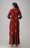 Rayon printed women's kurta with sharara, three-quarter sleeves, vibrant Indian fashion