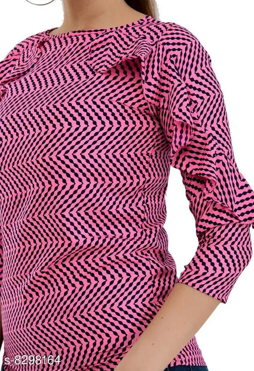 Multi-printed polyester top for women, three-quarter sleeve crepe fabric, printed net pattern. Sizes available from S to XXL