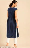 Blue embroidered rayon nayra cut kurti with short sleeves, v-neck, tassels, and latkans. Indian traditional women's fashion