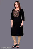 Embroidered woolen kurti in solid combo, three-quarter sleeves, M - XXL. Elevate winter style with warm, chic Indian wool kurti