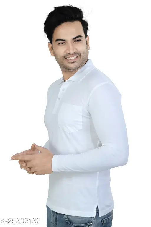 Solid white cotton polo neck t-shirt, full sleeve for men, India origin