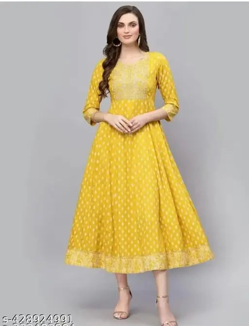 Yellow printed rayon Anarkali gown with embroidery, three-quarter sleeves - women's festival wear for parties