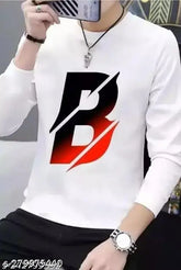White printed net polyester men's T-shirt, full sleeves, round neck
