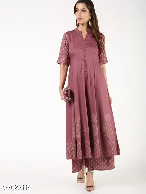 Rayon Anarkali printed long kurti with palazzos, vibrant Indian fashion for women's events