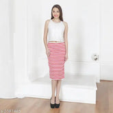 Red & White Striped Cotton Blend Elastic Slim Fit High Waist A-Line Knee Length Party Skirt for Women - My Swag women's pencil skirt