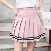 Pink stripe printed net cotton mini skirt for women, high waist pleated style