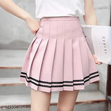 Pink stripe printed net cotton mini skirt for women, high waist pleated style