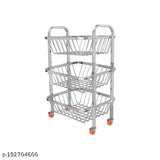 Stainless steel fruit & veg trolley, 3 baskets & onion potato rack, sleek design for modern kitchens, Made in India