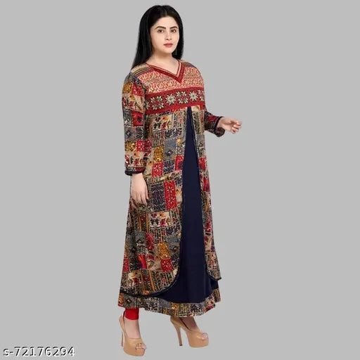 Rayon plus size A-line kurta in 9XL, featuring heavy embroidery and printed combo, ideal for women's fashion
