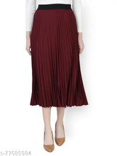Polyester solid wine pleated skirt, elastic waistband, trendy A-line style for casual events or parties, crafted with poly crepe lycra base, size options: 28/36/country of origin: India