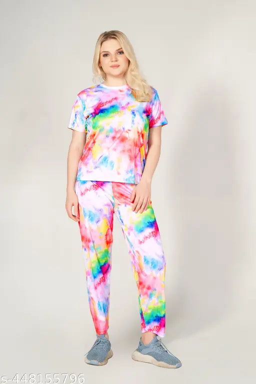Women's stylish printed polyester t-shirt and pyjama set, short sleeves, dyed/washed pattern, elastic waistband on payjamas, round neck on top, country of origin: India