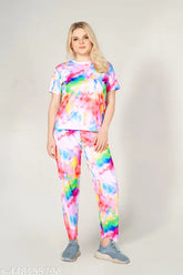 Women's stylish printed polyester t-shirt and pyjama set, short sleeves, dyed/washed pattern, elastic waistband on payjamas, round neck on top, country of origin: India