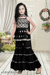 Embroidered Stylesh kids girls A-line top and Sharara set, crepe fabric, calf length, Indian-made, size 7-8 years
