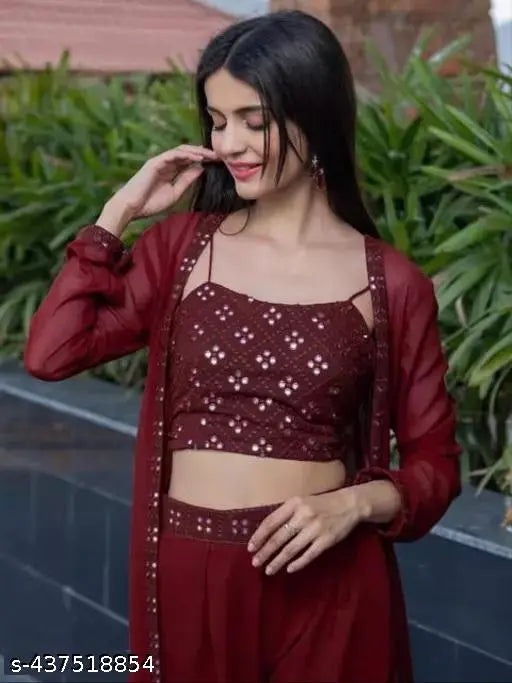 Georgette crop top with plazoo, embroidered mirror work in heavy zarinah design - Indian fashion accessory