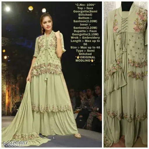 Light green faux Georgette semi-stitched top, unstitched Santoon bottom, and embellished flared dress with matching dupatta. Indian women's traditional wear in free size with 48" bust and 56" length. Embroidery work on Georgette fabric