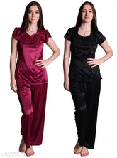 Wine black satin pajama set for women, Senslife® sleepwear night suit combo pack of 2
