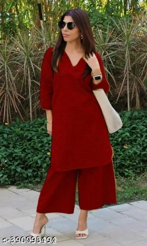 Rayon kurta and palazzos, solid-colored three-quarter sleeves rayon set for women, Indian traditional attire on display