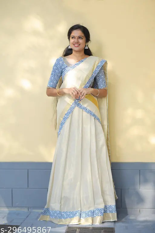 Keralan Kasavu Onam Special Edition Ajrakh Handwork Dhavani: Cotton choli, dupatta, and bottomwear with Aari work top and solid prints, semi-stitched (waist 40", length 44"), India-origin, traditional Indian attire