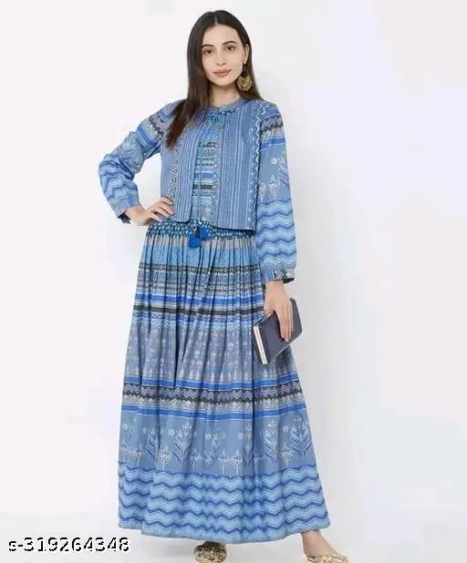 Aqua blue plus size anarkali kurta with jacket, long cotton style in multiple sizes from XS to 7XL