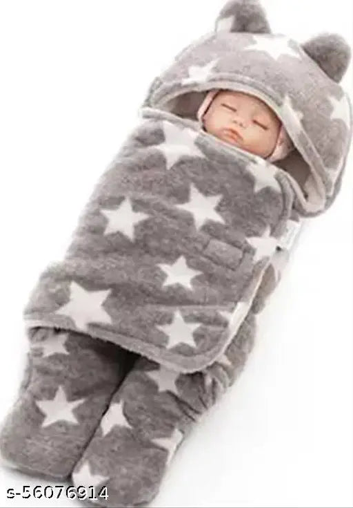 Grey microfiber crib hooded baby blanket with ethnic motifs, soft and cozy for mild winter use, ideal for swaddling. (India origin)