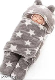 Grey microfiber crib hooded baby blanket with ethnic motifs, soft and cozy for mild winter use, ideal for swaddling. (India origin)