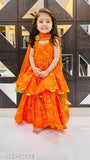 Orange Bandhej sharara and choli set for festive occasions, intricate rayon design on flared palazzo and matching top