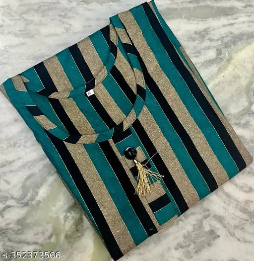 Green cotton blend striped kurti for girls and women, perfect for everyday casual office wear or college. Ideal for sizes M, L, XL, XXL, XXXL, 4XL. Embrace comfort and versatility with this stylish piece