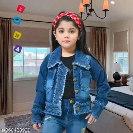 Distressed denim jacket for girls, ultrasoft self-designed casual full sleeve with printed pattern. Denim fabric, long sleeves, perfect for active kids and young adults. India-made, comfy and trendy kids' wear