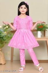 Pink cotton blend embroidered Kurta with straight fit cotton pants for party wear, ideal for 3-6 year olds. Traditional Indian ethnic fashion with modern elements