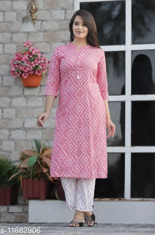 Rayon A-line printed long kurti with palazzo pants, pink and white women's ensemble for casual or semi-formal wear