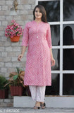 Rayon A-line printed long kurti with palazzo pants, pink and white women's ensemble for casual or semi-formal wear