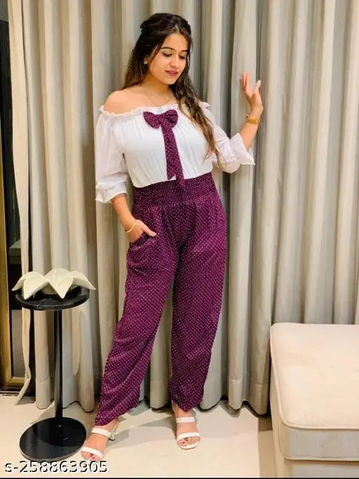 Stylish trendy Georgette jumpsuit, three-quarter sleeves, printed net pattern for women's fashion, India origin