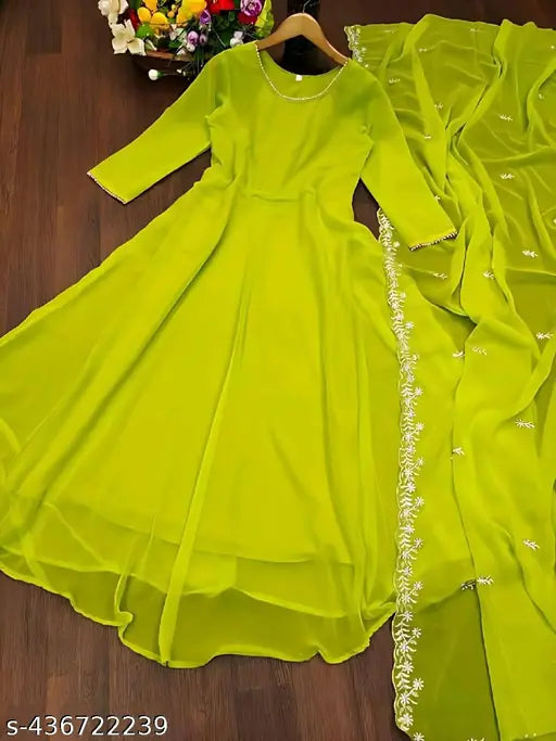 Green Georgette Anarkali Gown Set for Women, full length with round neck and long sleeves, high quality Indian traditional ethnic wear