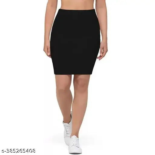 Solid black polyester pencil skirt for women by PRIME LOVE, mini cut with various sizes available