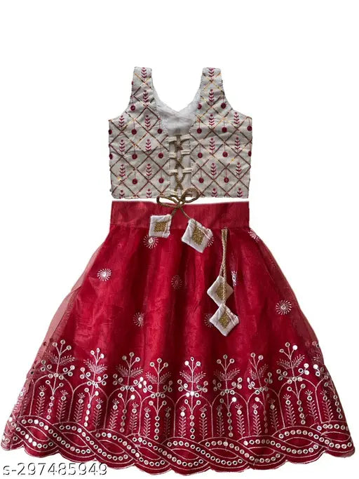 Embellished taffeta silk and net lehenga set with floral stitch for kids 6 months to 8 years, Indian traditional wear