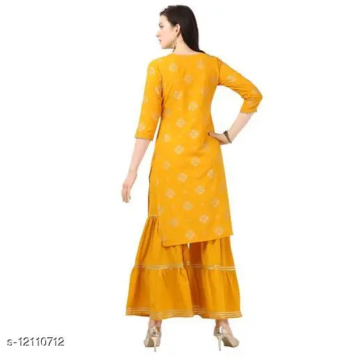 Solid yellow crepe kurta set with Sharara, printed net pattern, three-quarter sleeves, XL & XXL sizes, Indian women's traditional wear