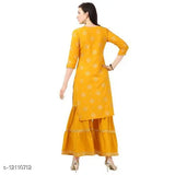 Solid yellow crepe kurta set with Sharara, printed net pattern, three-quarter sleeves, XL & XXL sizes, Indian women's traditional wear