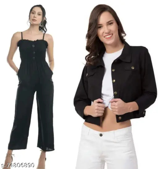 Black rayon sleeveless jumpsuit with jacket, self-design net pattern - Indian fashion for women